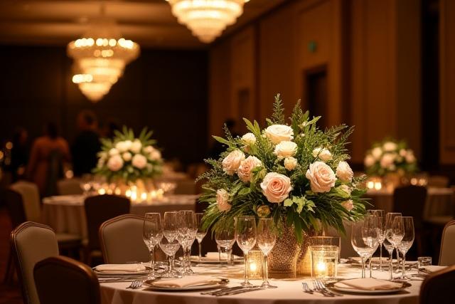 Elegante decoración floral en un evento corporativo