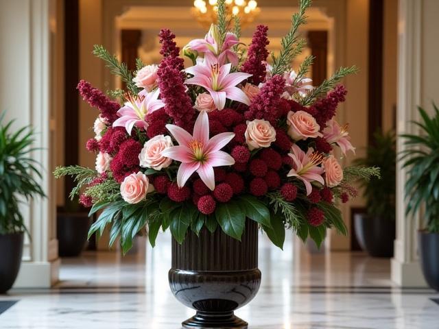 Gran arreglo floral lujoso en un jarrón grande en una entrada elegante, representando el Plan Deluxe de suscripción.